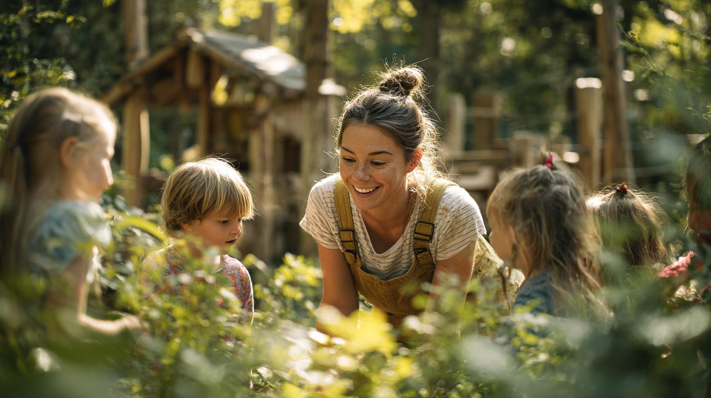Erzieher in Bochum begleitet Kinder in der Kindertagesstätte im Grünen