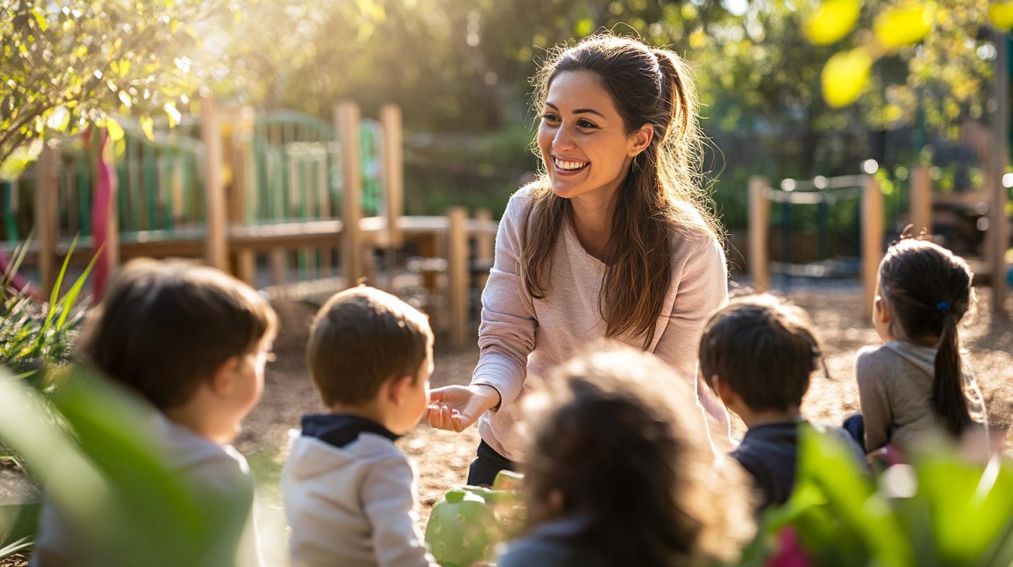 Erzieher in Essen betreut Kinder in der Kindertagesstätte im Freien