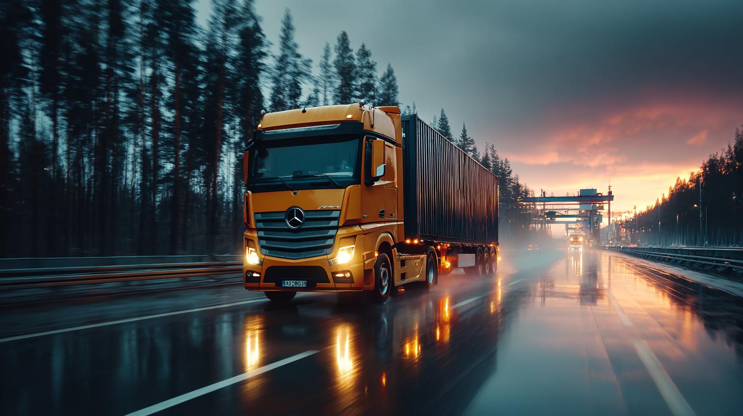Lkw-Fahrer in Kiel fährt auf regennasser Straße bei Sonnenuntergang