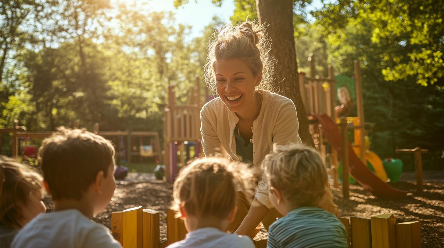 Erzieherin spielt lachend mit Kindern im Kita-Außengelände bei Sonnenlicht – Nähe, Vertrauen und Freude im pädagogischen Alltag