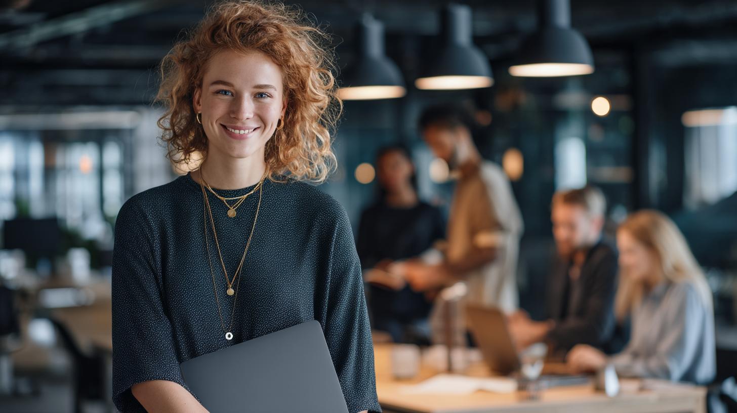 Junge Frau im Büro steht selbstbewusst für berufliche Entwicklung und Karriereziele
