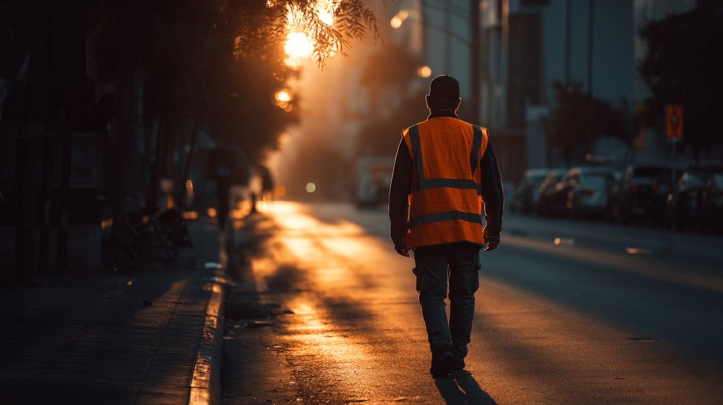 Müllwerker im Sonnenaufgang auf leerer Stadtstraße in reflektierender Arbeitskleidung