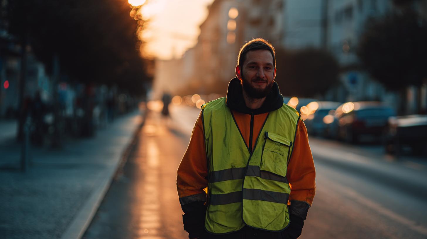 Lächelnder Müllwerker in Sicherheitsweste blickt am Morgen in die Kamera