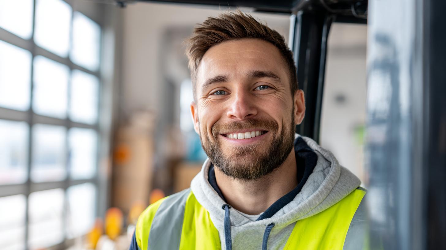 Junger Gabelstaplerfahrer lächelt in die Kamera – motivierter Mitarbeiter bei HRConnect