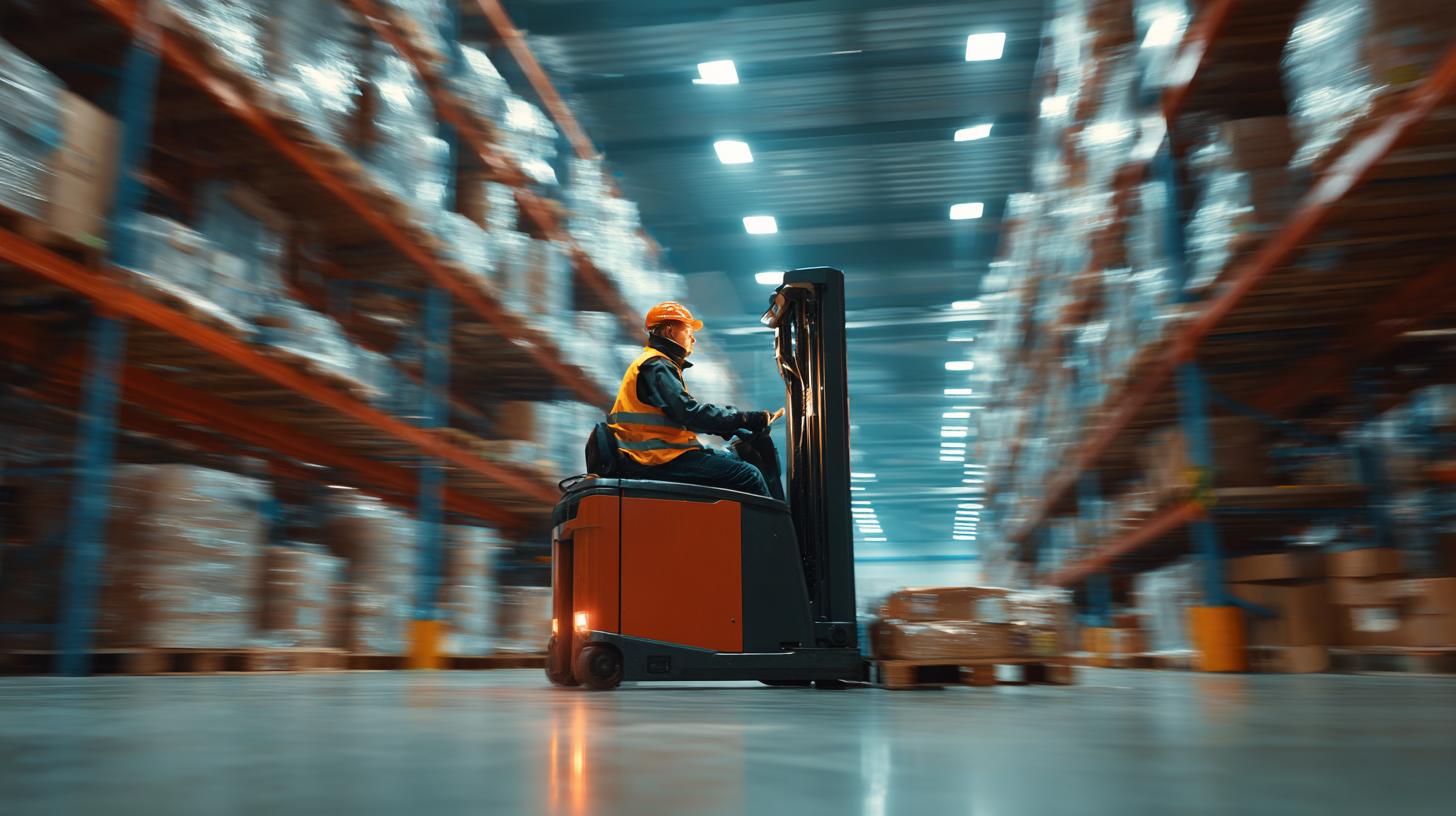 Gabelstaplerfahrer transportiert Waren im Lager mit modernem Flurförderfahrzeug