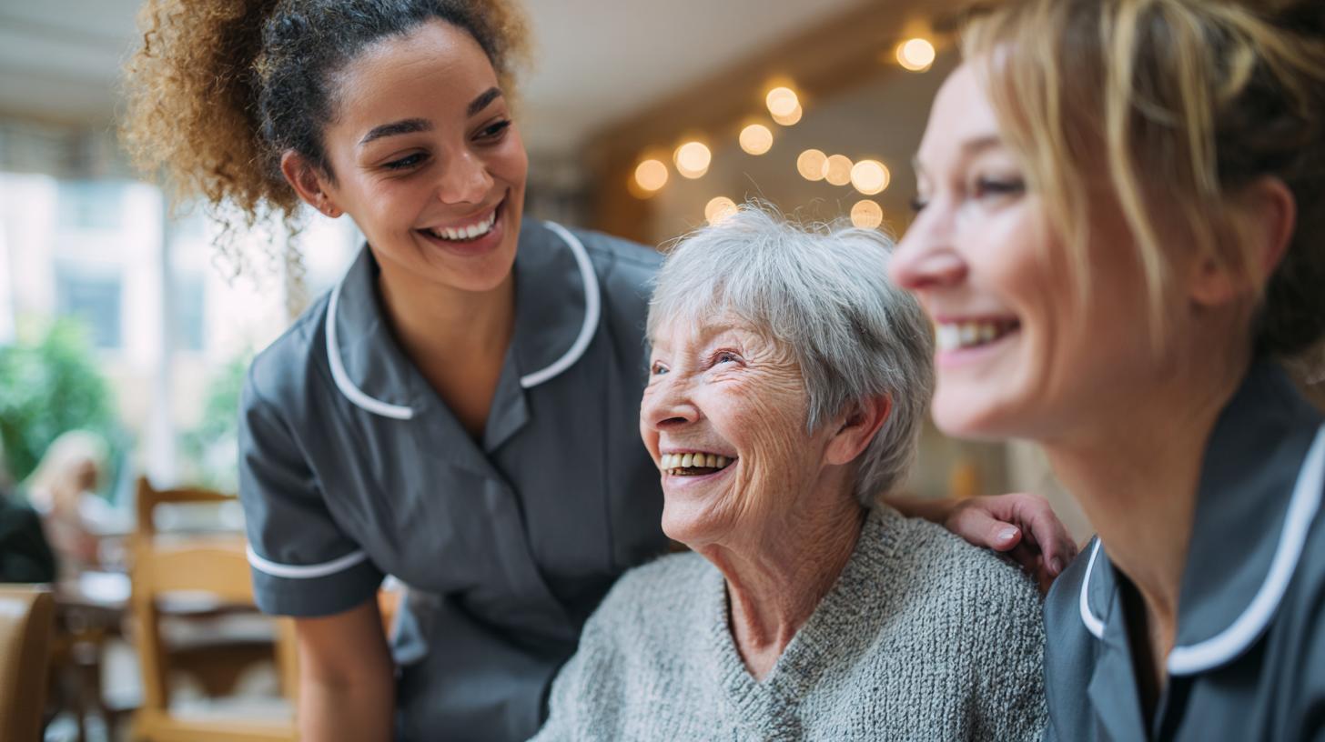 Gesundheits- und Krankenpfleger in UVEX Arbeitskleidung betreut Patient im Krankenhaus mit freundlichem Lächeln