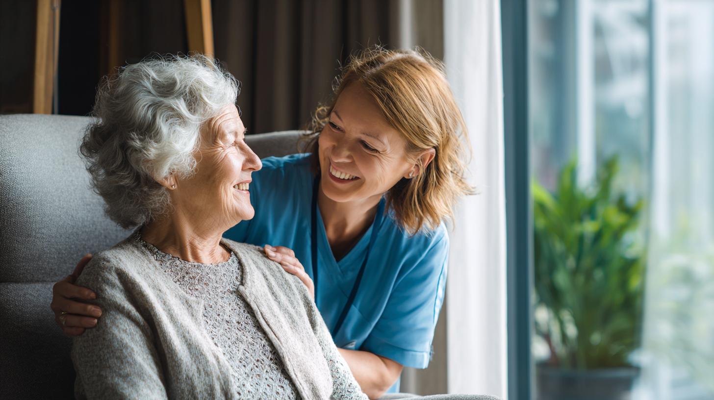 Helfer Altenpflege betreut liebevoll ältere Dame im Pflegeheim