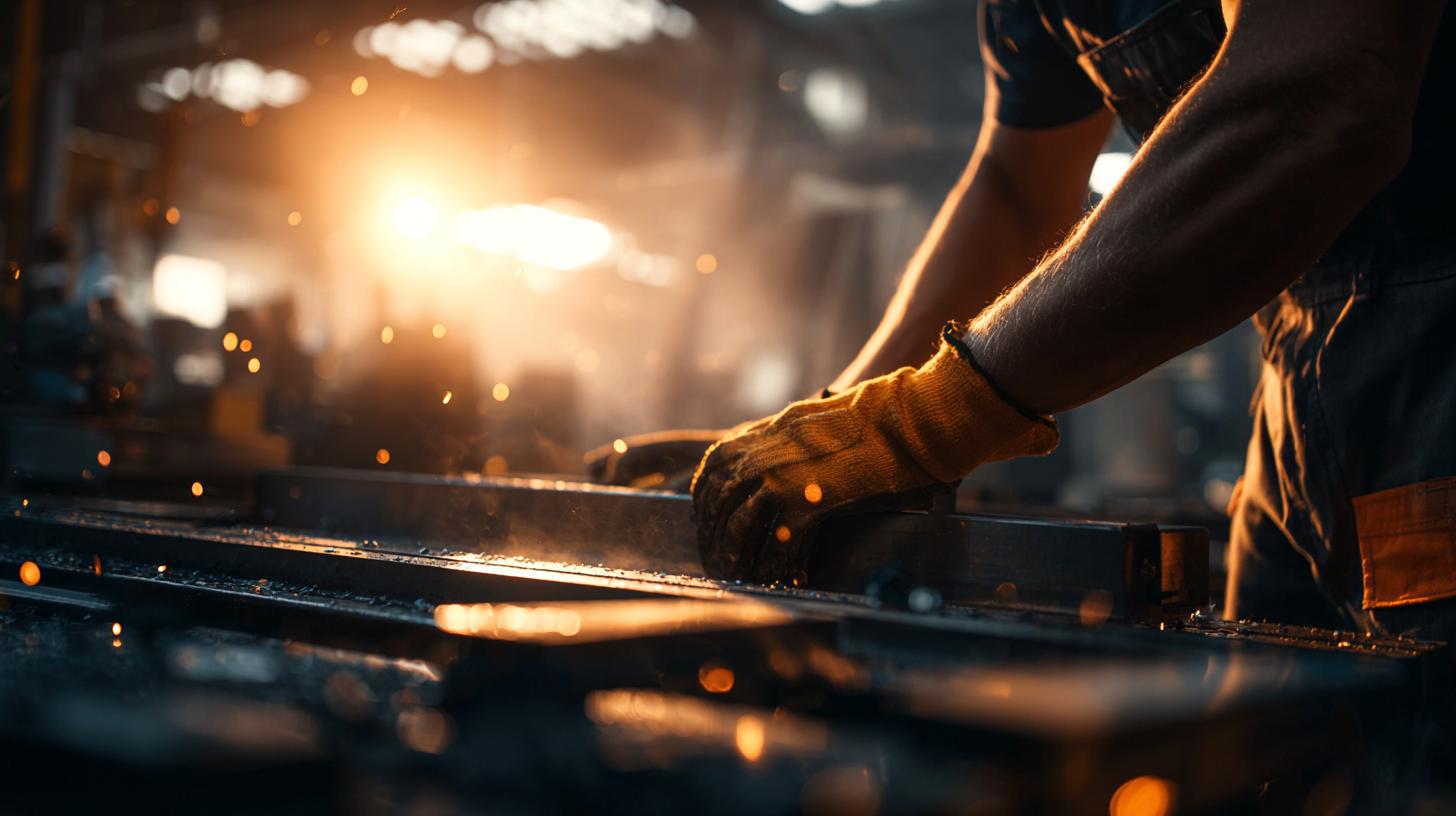 Hände in Schutzhandschuhen bearbeiten Metall an Maschine – Helfer Metall im Einsatz