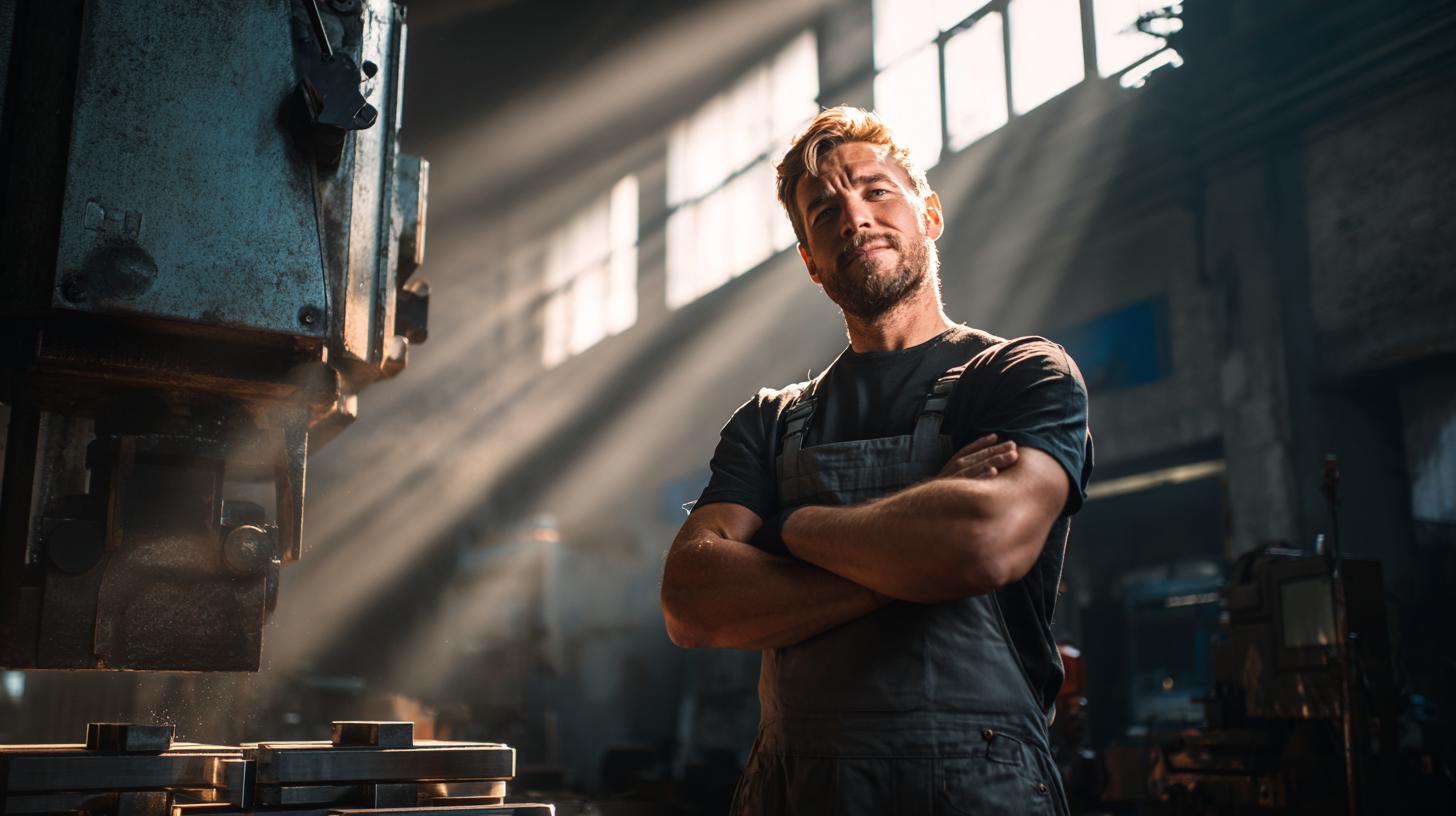 Helfer Metall steht in Werkstatt mit Arbeitskleidung und moderner Maschinentechnik