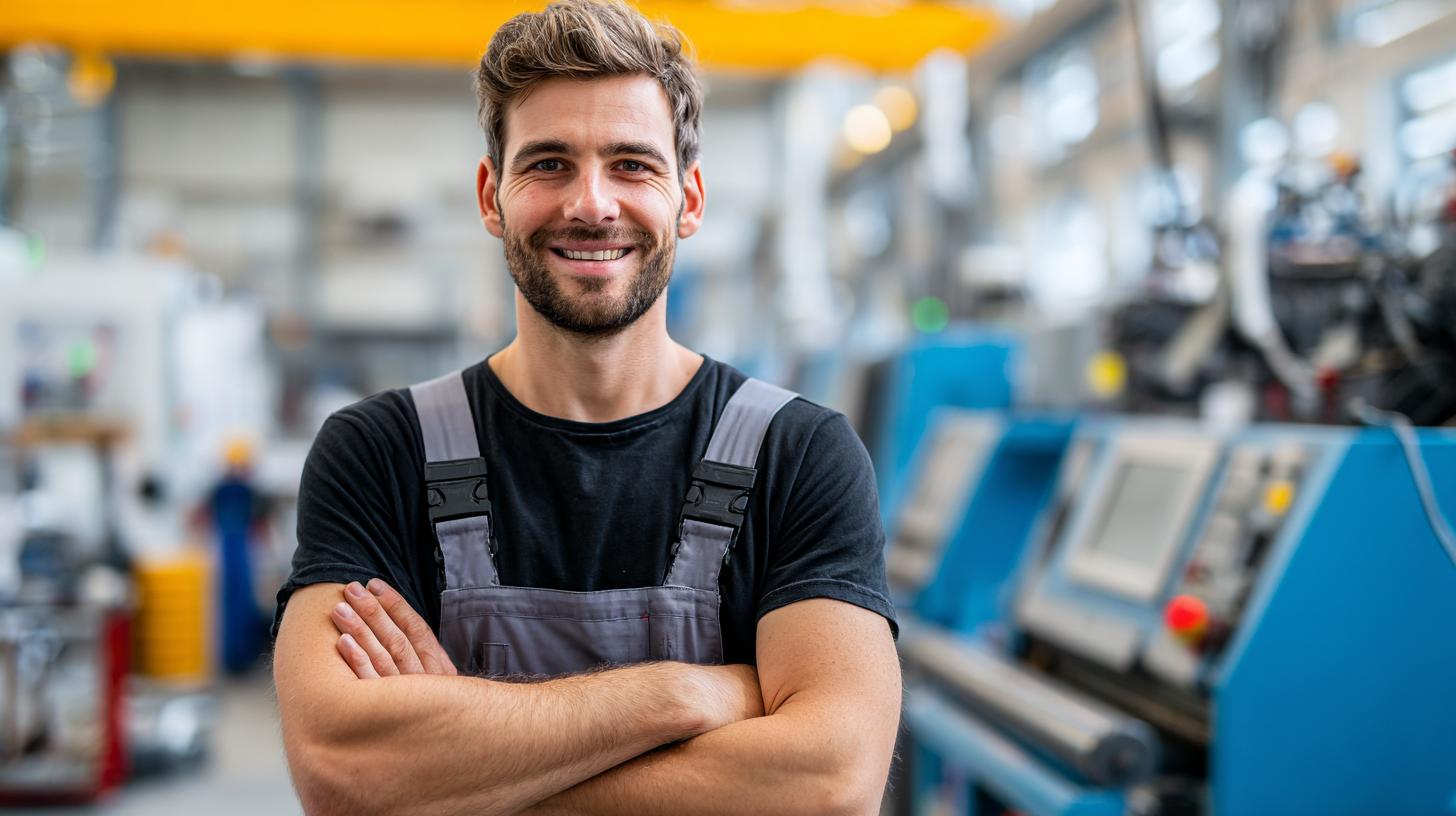 Maschinen- und Anlagenführer steht vor modernen Produktionsmaschinen in heller Werkhalle