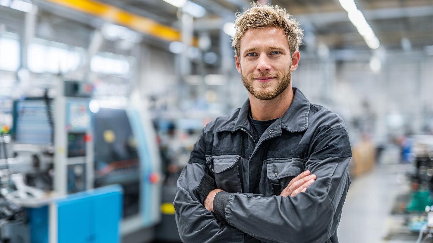 Maschinen- und Anlagenführer bei der Arbeit an moderner Produktionsanlage in heller Werkumgebung