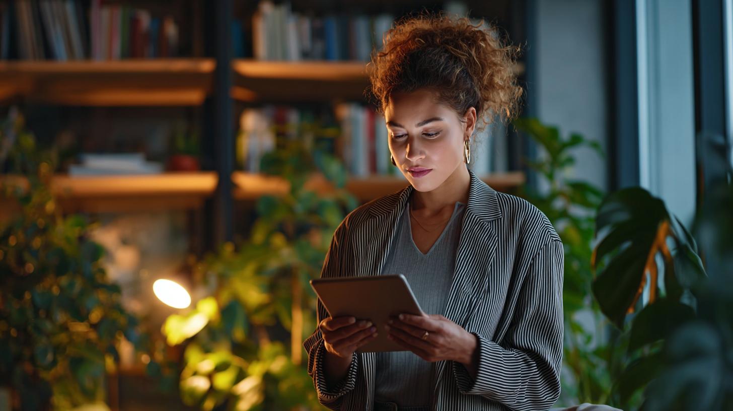 Frau Mitte dreißig mit Tablet in modernem Büro – Sinnbild für Neue Berufe 2025 und digitale Weiterentwicklung.