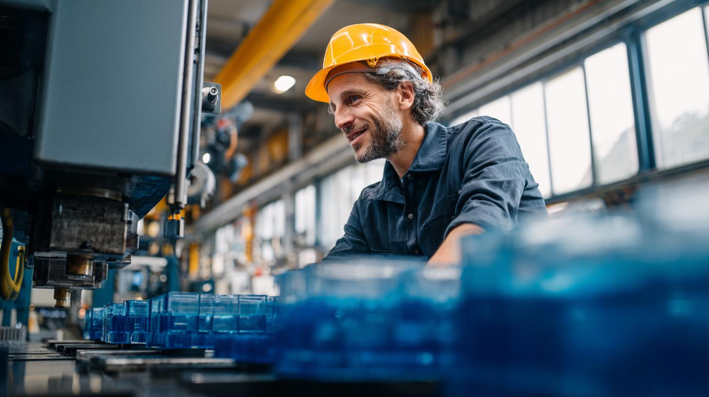Produktionshelfer in UVEX Arbeitskleidung bedient Kunststoffmaschine in heller Fertigungshalle bei Sonnenlicht