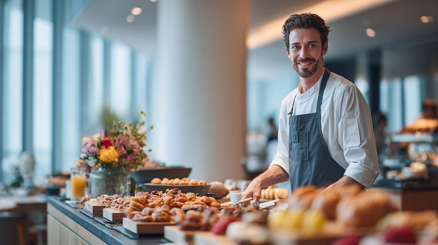 Servicekraft steht hinter einem Buffet und bereitet den Gästebereich im Restaurant vor