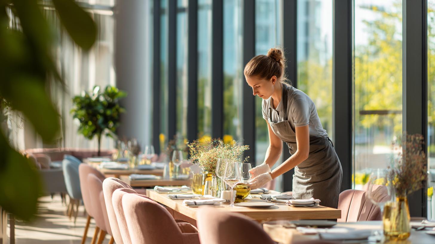 Servicekraft deckt sommerlich einen Tisch im Außenbereich eines Restaurants ein