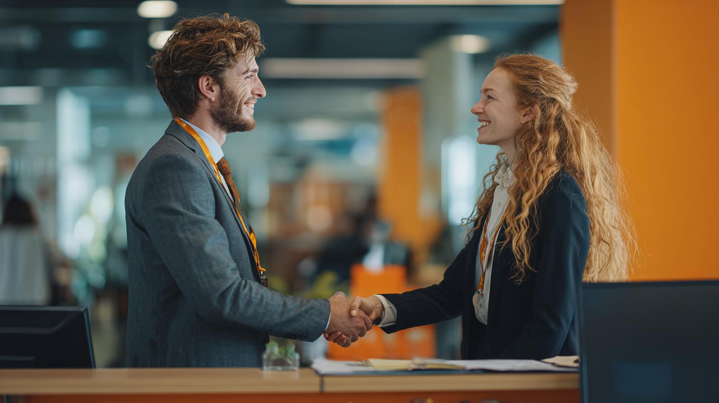 Vorstellungsgespräch 2025 – authentischer Handschlag zwischen Bewerber und Gesprächspartnerin in moderner Büroumgebung