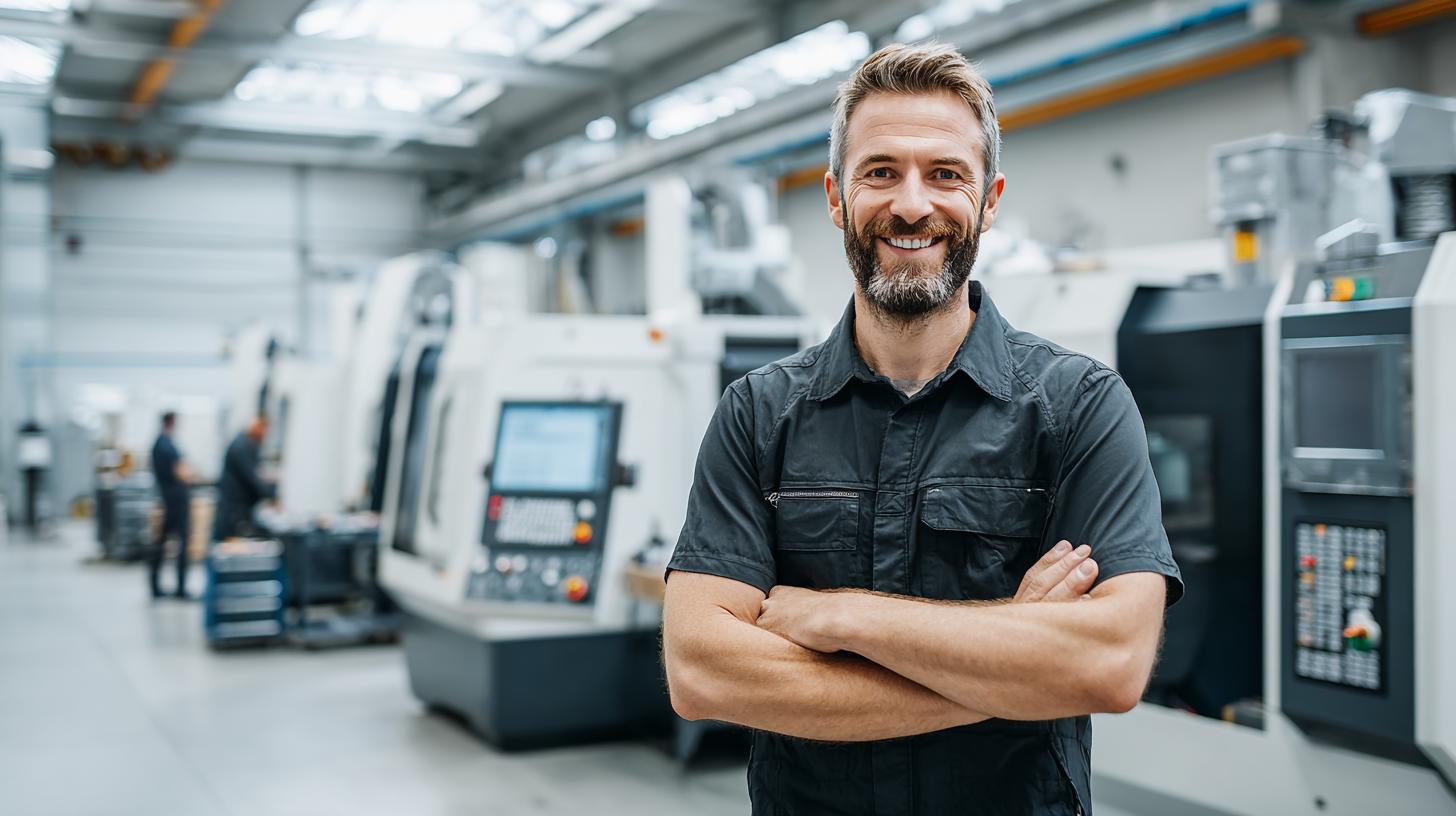 Werkzeugmechaniker bei der Arbeit an moderner CNC-Maschine in technischer Werkstatt