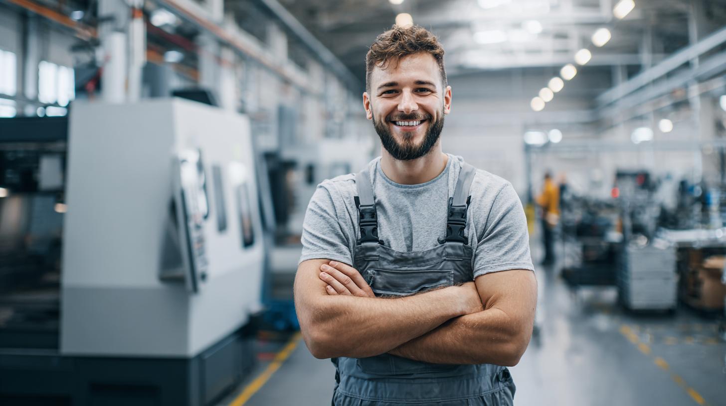 Zerspanungsmechaniker bei der Arbeit an moderner CNC-Maschine in der Industriehalle