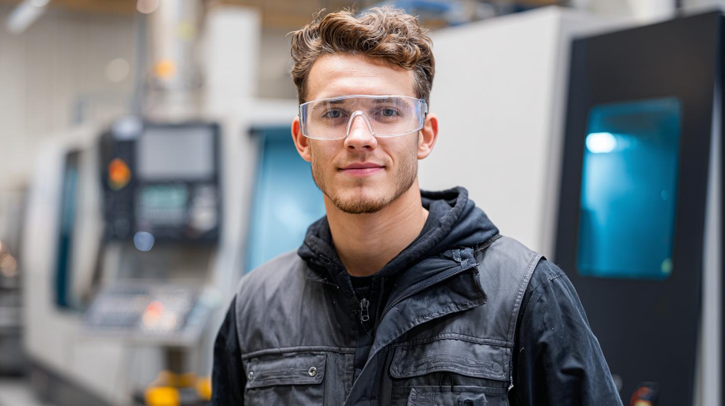 Junger Zerspanungsmechaniker mit Schutzbrille arbeitet konzentriert an CNC-Maschine in moderner Produktionshalle