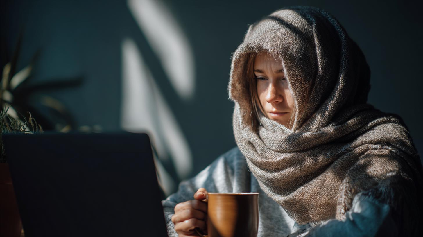 Frau arbeitet trotz Krankschreibung am Laptop mit Schal und Teetasse