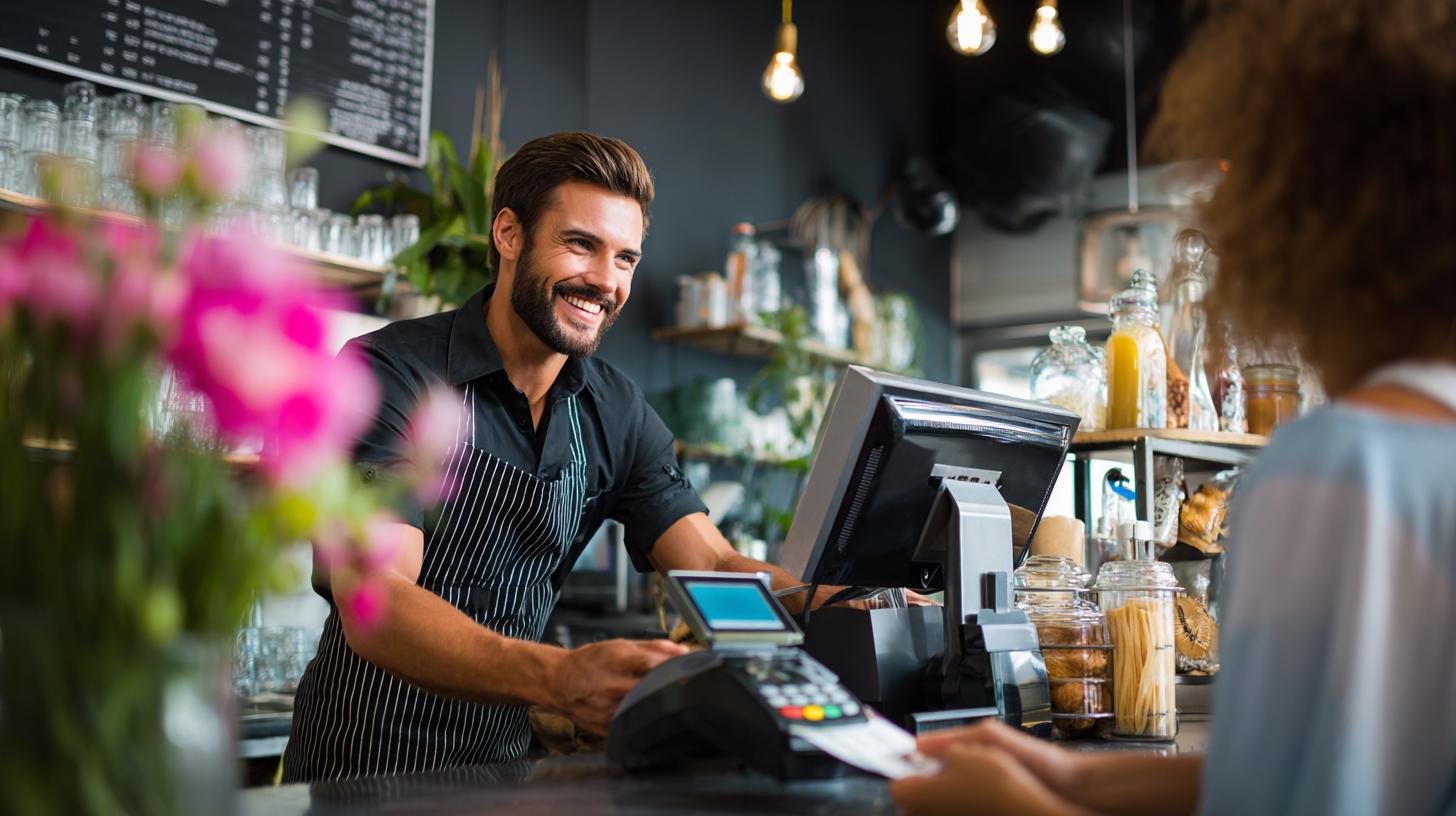 Karriere als Kellner – junger Mann im Café bedient freundlich an moderner Kasse