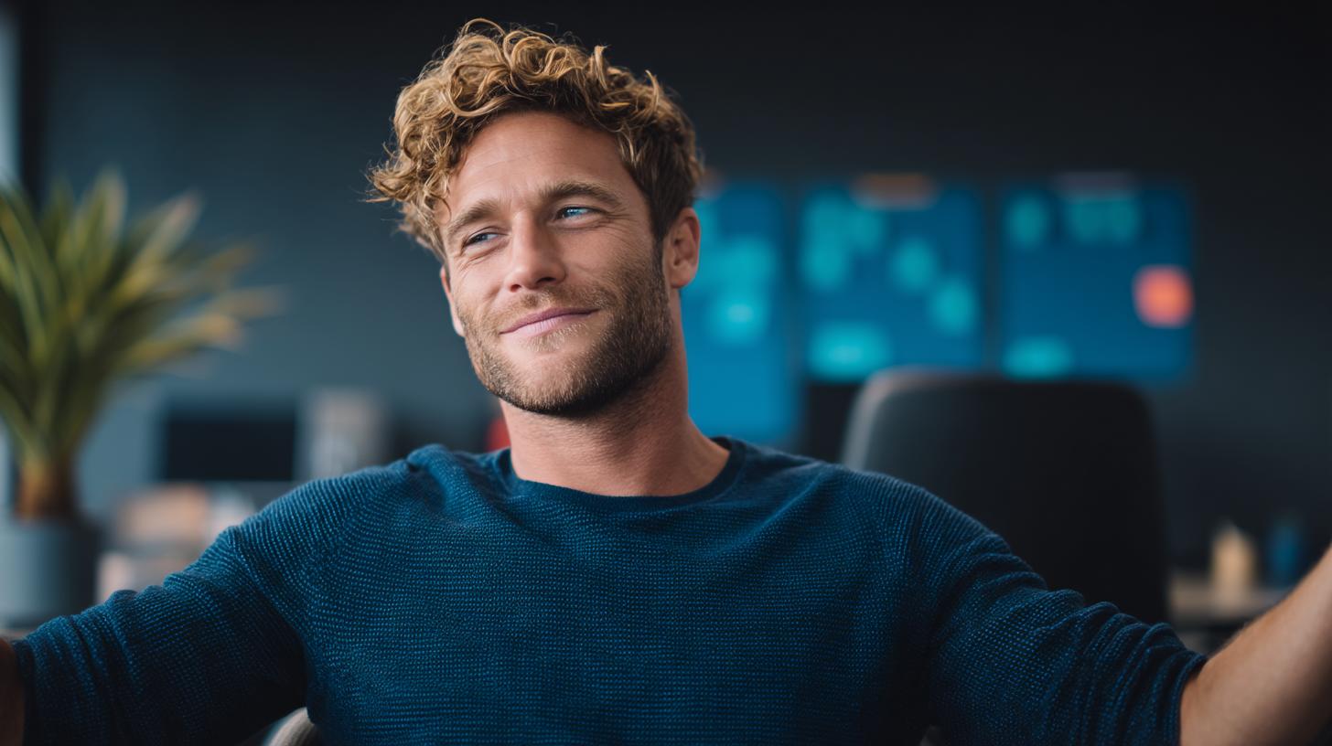 Junger Profi im modernen Büro lächelt selbstbewusst und blickt zur Seite, Symbol für Berufe in Administration und Verwaltung mit Fokus auf Organisation und digitale Tools