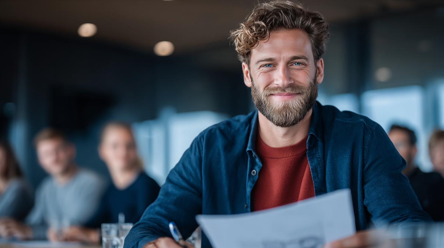Mann mit Unterlagen lächelt in einem Meeting – symbolisch für die Rolle eines Master Vendors im Personalmanagement