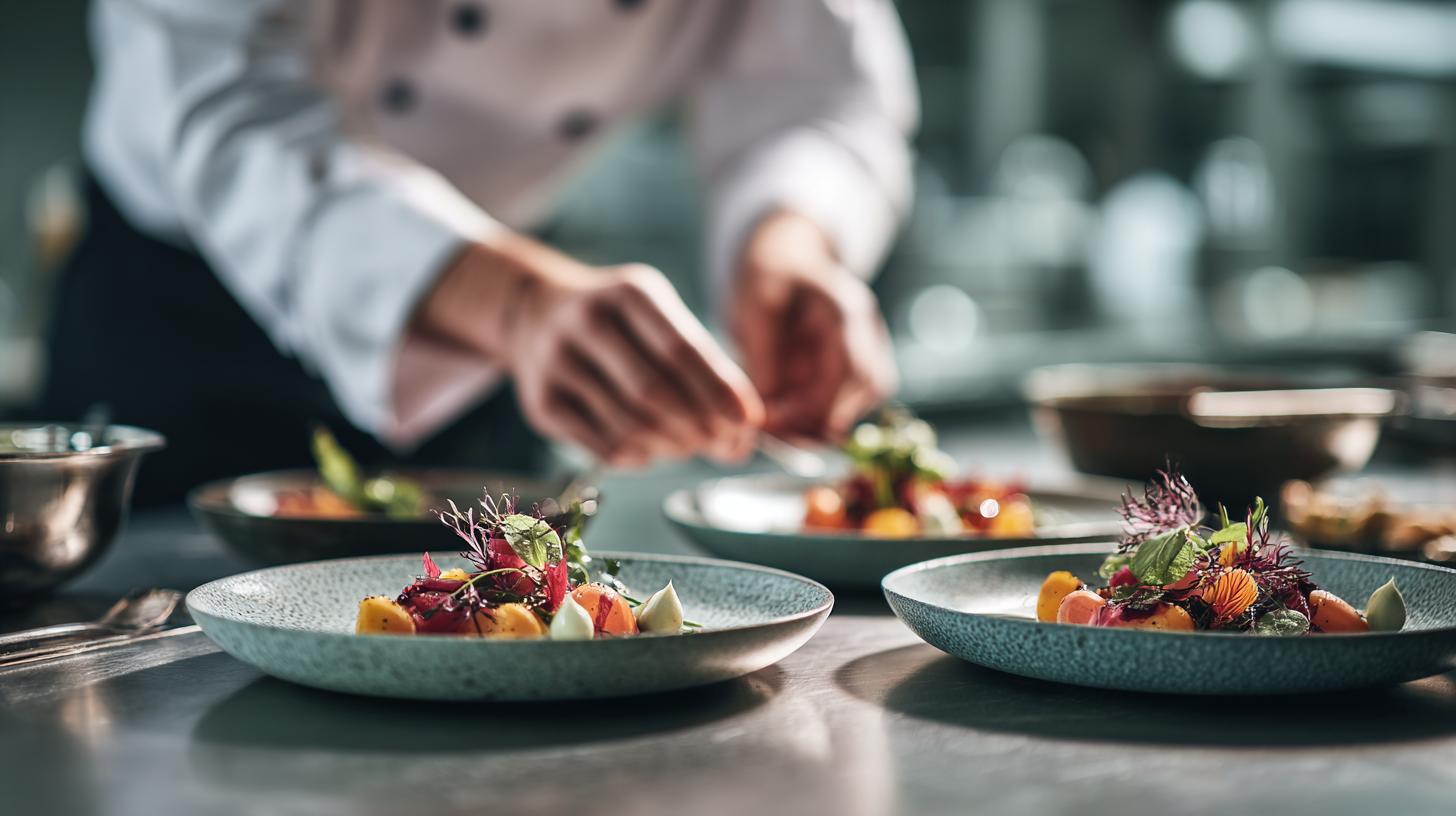 Koch dekoriert frische Zutaten in moderner Küche – Gesundheitszeugnis nach § 43 IfSG Lebensmittelbranche