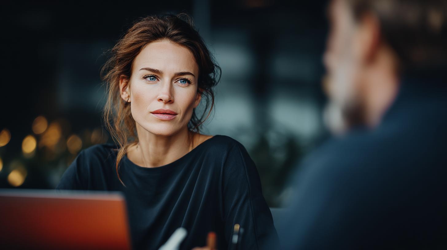 Mitarbeitergespräch im modernen Büro konzentrierte Frau im professionellen Dialog